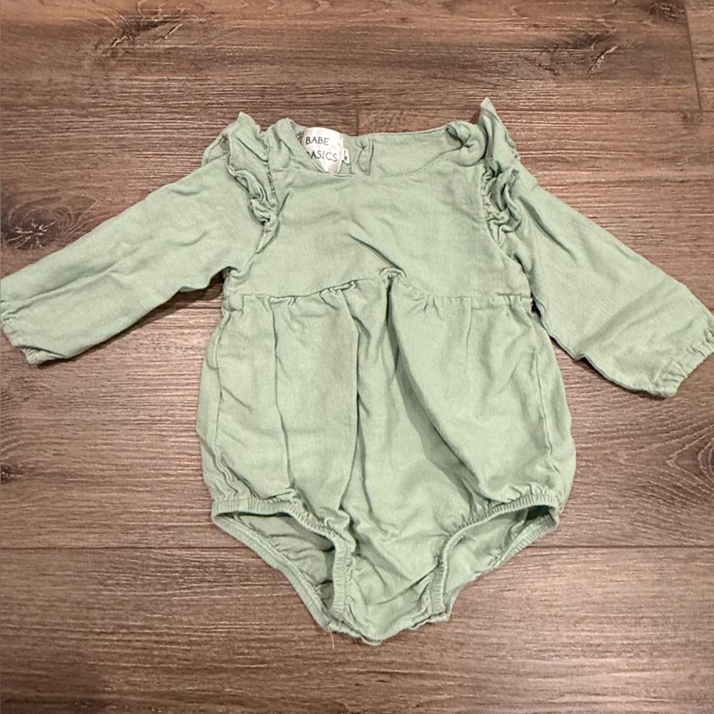 Babe Basics Sage Green Long-Sleeve Ruffle Baby Bubble Romper